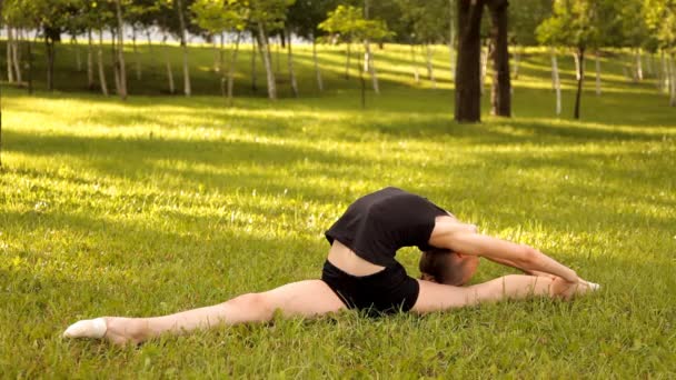 Девушка выполняет гимнастические упражнения в природе — стоковое видео