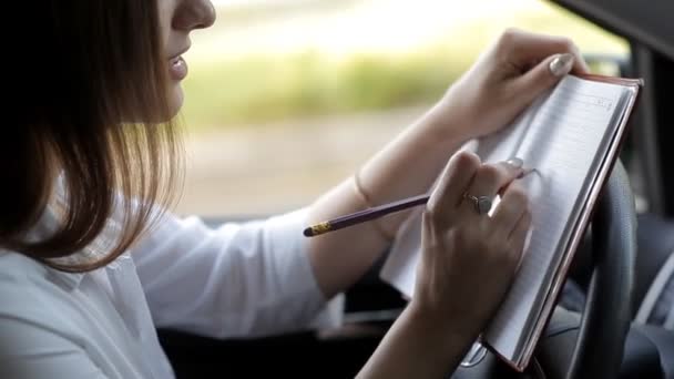 비즈니스 여자, 차에서 기록 작업에 대 한 노트북 — 비디오