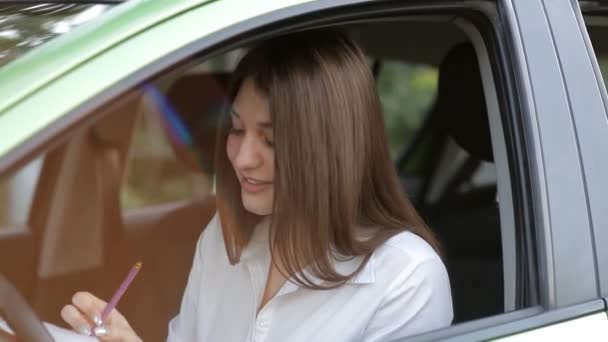 Zakelijke meisje, legt terwijl in de auto, in een laptop voor werk — Stockvideo