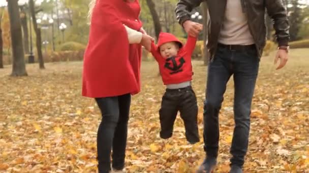 Prachtige familie ballade door het park vroeg in de herfst — Stockvideo