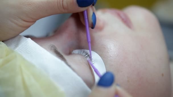 Die Kosmetikerin bereitet die Wimpern auf ihre eskalierende — Stockvideo