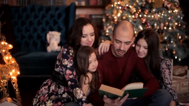 I den nya år atmosfären läser Fadern en bok till sin familj — Stockvideo