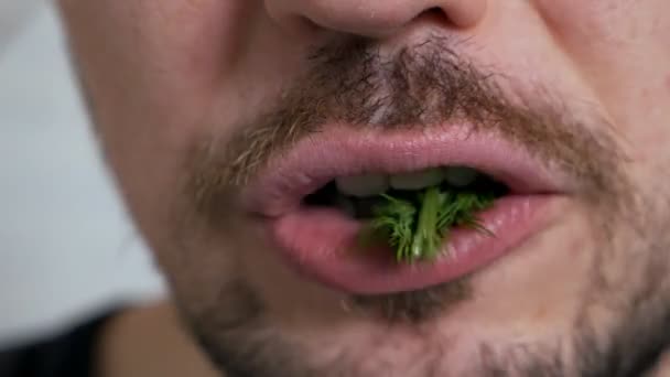 Primer plano hombre con una rebanada de verduras en la boca, concepto de estilo de vida vegano — Vídeo de stock