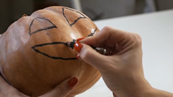 Drawing a funny face on a pumpkin with a black marker.draw halloween pumpkin ready to carving — Stock Video