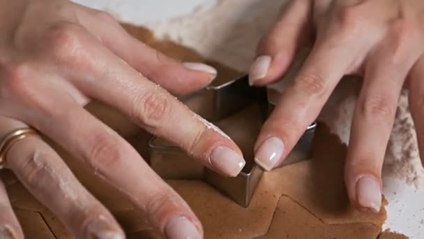 Making gingerbread cookies for Christmas at home. The process of making ginger cookies. Girls hands close-up prepares cookies. Housewife makes christmas cookies using various shapes — 비디오