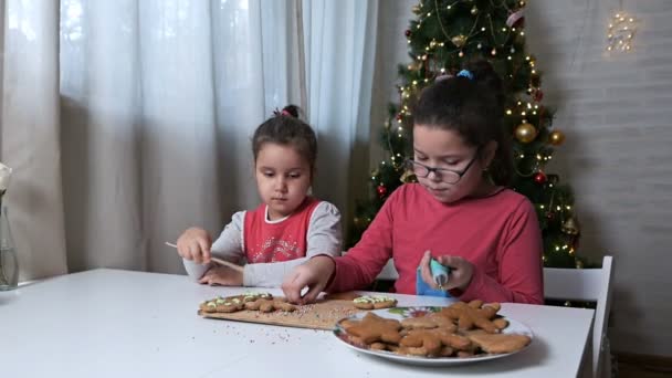 Nővér lányok díszítik karácsonyi sütik az ünnep. Mézeskalács minták — Stock videók