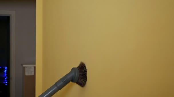 La chica está aspirando la pared. Limpiando paredes de una gruesa capa de polvo. Limpieza de la habitación — Vídeo de stock