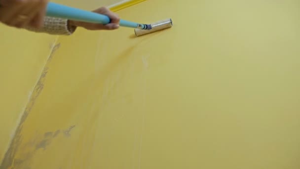 Uma menina autodidata prepara uma parede para pintar com um rolo de construção. Uma menina trabalha ela processa uma parede amarela com um rolo de construção antes de pintar . — Vídeo de Stock