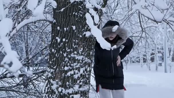 Porträtt av en vacker flicka på vintern, som går igenom starka snödrivor. Vinter, mycket snö — Stockvideo