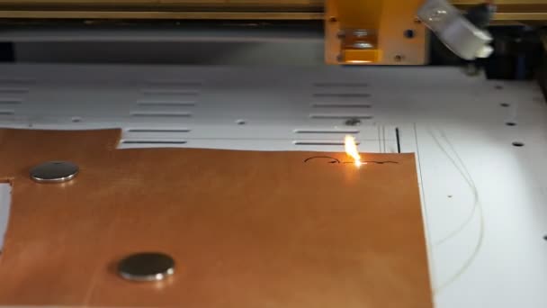 Incisione laser lavoro macchina, logo della pelle. Borsellino in pelle — Video Stock