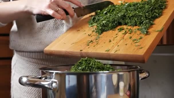 Le mani delle ragazze versano l'aneto tritato finemente sulla carne macinata, cucinano hamburger a casa. — Video Stock