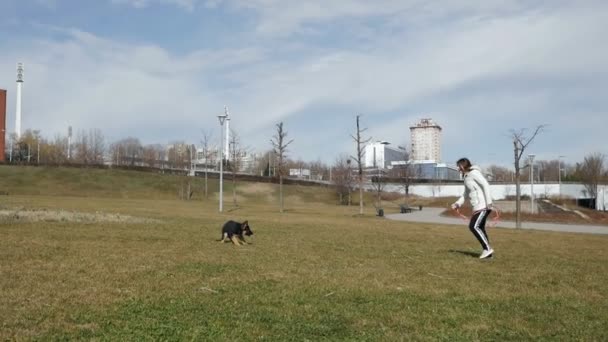 Glad ung kvinna leker med sin tyska herde hund i en park på gräsmattan på våren. — Stockvideo