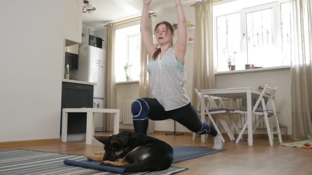 La chica hace ejercicios mientras ve un programa en la televisión en casa. Una joven en ropa deportiva, de construcción atlética, practica deportes en la habitación, frente a la televisión. Su mascota favorita, un perro se encuentra junto a ella — Vídeos de Stock