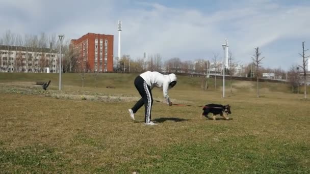 Glad ung kvinna leker med sin tyska herde hund i en park på gräsmattan på våren. — Stockvideo