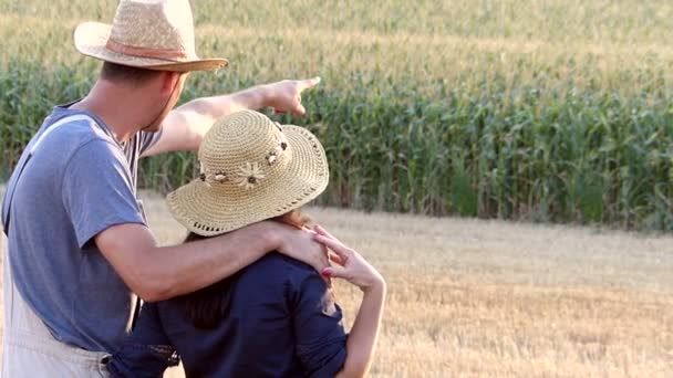 Contadino Mezza Età Che Guarda Campo Grano Con Sua Moglie — Video Stock