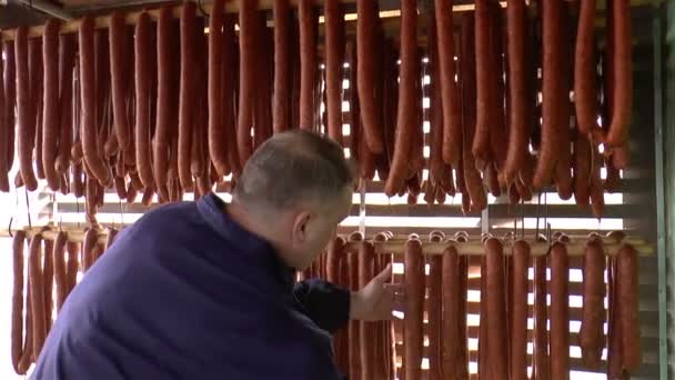 Worker Checks Smoked Dry Sausage — Stock Video