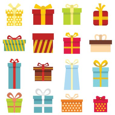 Hediye simgeler ve hediye kutuları karikatür düz stil