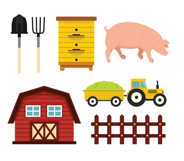 Elementos de granja en estilo plano de dibujos animados — Vector de stock