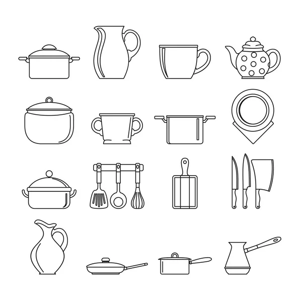 Set de platos de línea plana negro artículos — Vector de stock