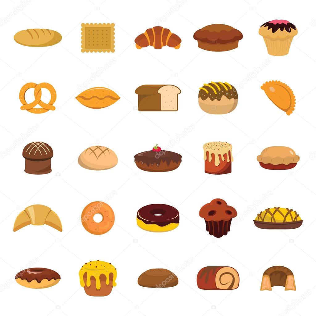 Bakery and pastry products icons set with various sorts of bread in carton style. Cupcakes, dough and cakes for bakery shop or food design and advertising