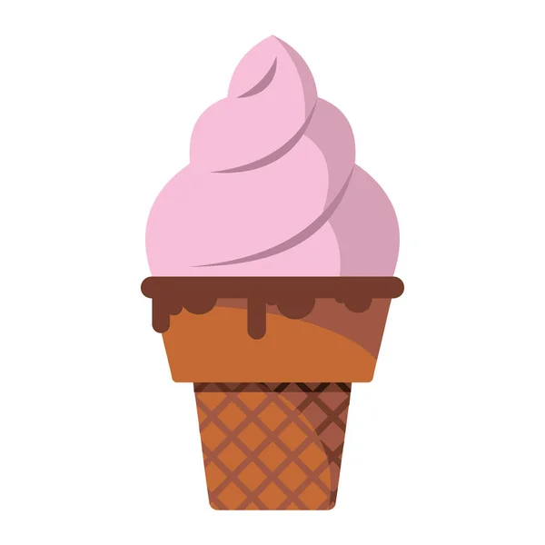 Crème glacée de vanille cerise pistache chocolat ingrédients dans le cône de gaufrette sur fond blanc dessin animé plat vecteur illustration — Image vectorielle