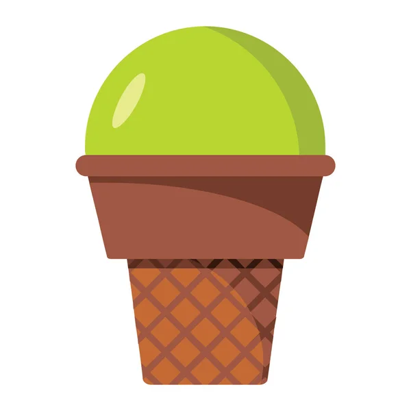 Ice cream of vanilla pistachio ingredients in wafer cone on white background cartoon flat vector illustration — Stock Vector