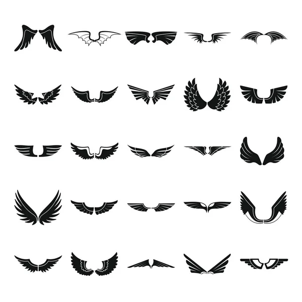 Conjunto de iconos de silueta plana simple negro alas — Archivo Imágenes Vectoriales
