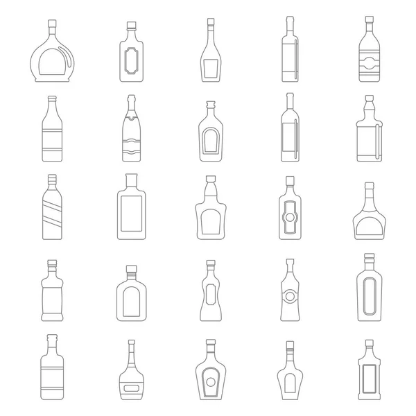 Alkoholtartalmú italok palackok nagy vektor településen fekete egyszerű vonalstílust. Az alkohol design elemek — Stock Vector