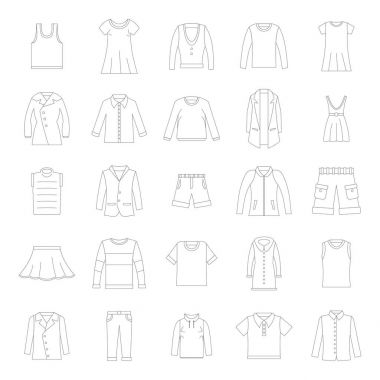 Giyim simgeler ince çizgi stilini ayarla. Vektör giyim dresess, etek, şort, pantolon, üstleri ve t-shirt de dahil olmak üzere beyaz arka plan üzerinde ayarlayın.
