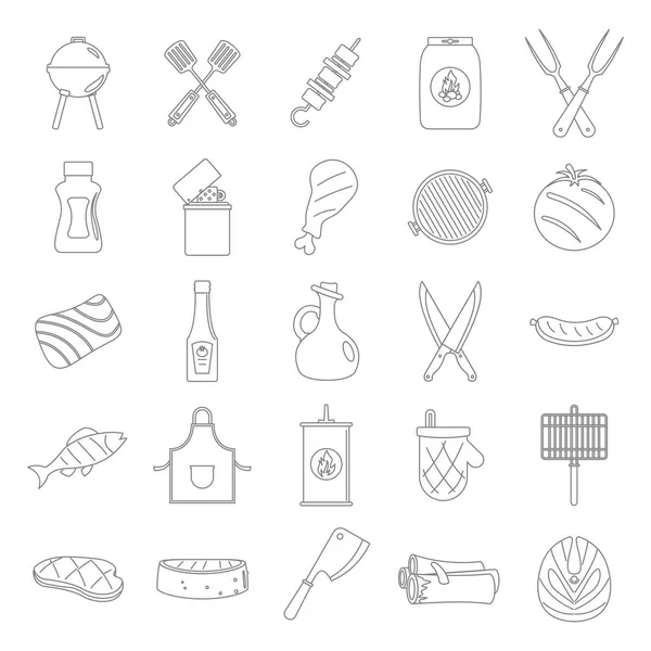Bbq parrilla negro línea delgada iconos decorativos conjunto con barbacoa y utensilio de cocina aislado vector ilustración en estilo de línea — Vector de stock