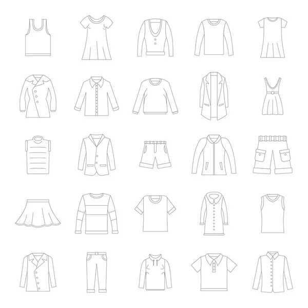 Иконки одежды установлены в стиле тонкой линии. Векторный набор одежды на белом фоне, включая платья, юбки, шорты, брюки, топы и футболки — стоковый вектор
