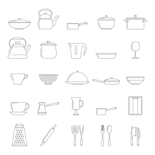 Kuchyňské nádobí ikony nastavit stylově tenká linie izolovaných na bílém pozadí. Prvky pro návrh kuchyně — Stockový vektor