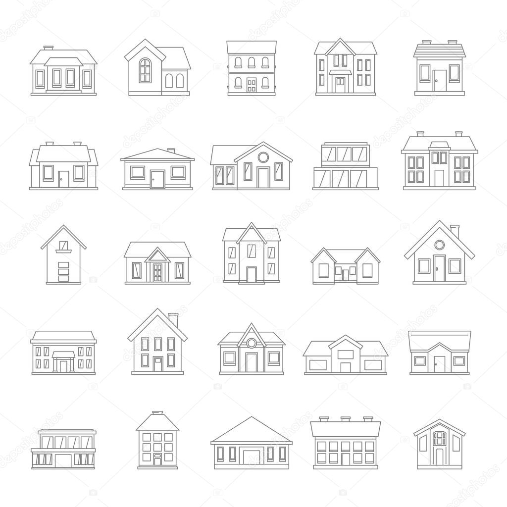 Houses icon set in thin line simple style on white background, for real estate design