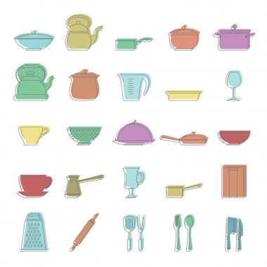 Yemekleri Icons set doodle. Yemekler tasarım ve beyaz arka plan üzerinde izole web için illüstrasyon vektör. Yemekleri vektör nesnesi için etiketleri, logo doodle