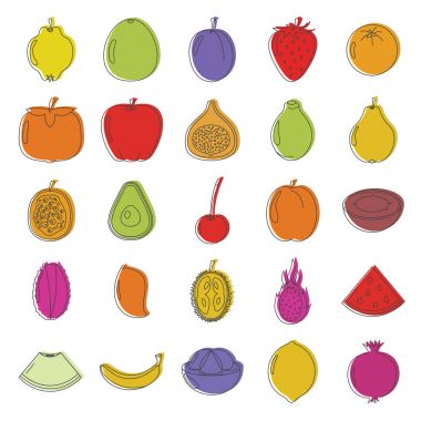 Meyve Icons set doodle. Meyve doodle vektör çizim tasarım ve beyaz arka plan üzerinde izole web için. Meyve vektör nesnesi için etiketleri, logolar