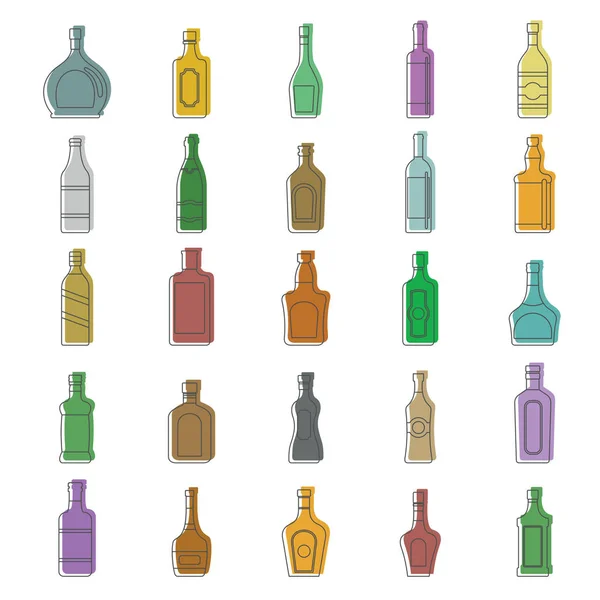 Bottiglie di alcol set di icone scarabocchiare. Alcol bottiglie doodle vettoriale illustrazione per il design e web isolato su sfondo bianco. bottiglie oggetto vettoriale per etichette, loghi — Vettoriale Stock