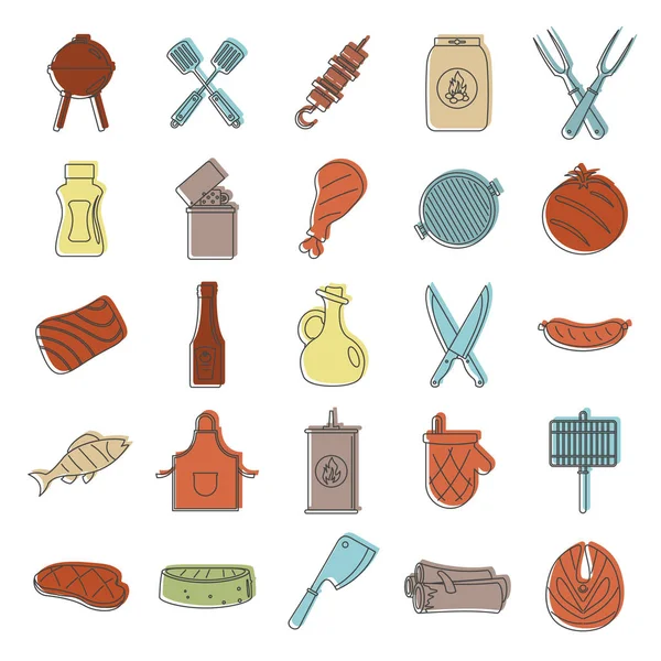 Conjunto de iconos de garabatos de barbacoa. Bbq doodle ilustración vectorial para el diseño y la web aislada sobre fondo blanco. Barbeque doodle vector objeto para etiquetas, logotipos — Vector de stock