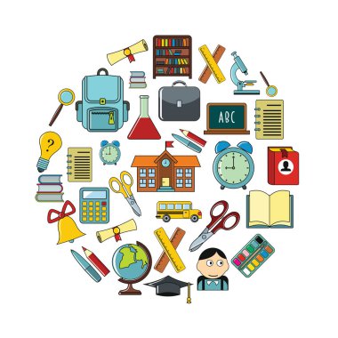 Okul karikatür simgeleri yuvarlağına ayarlayın. Okul vektör çizim tasarım ve izole web için