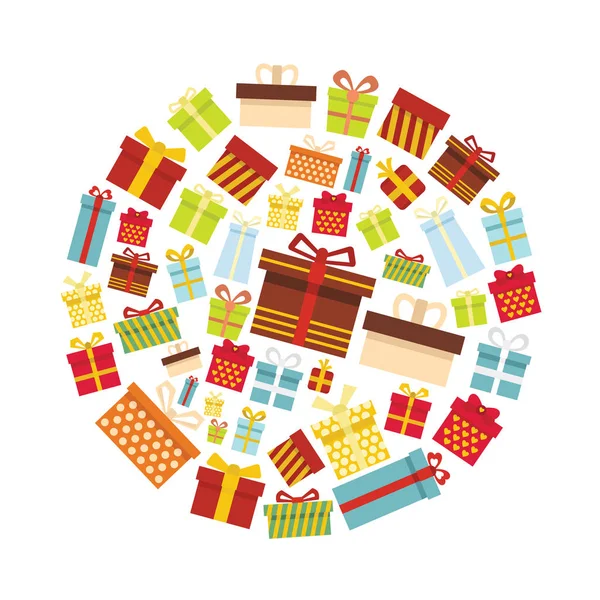 Iconos planos de regalo establecidos en círculo. Ilustración vectorial de regalo para diseño y web aislada sobre fondo blanco. Objeto de vector de regalo para etiquetas, logotipos — Archivo Imágenes Vectoriales