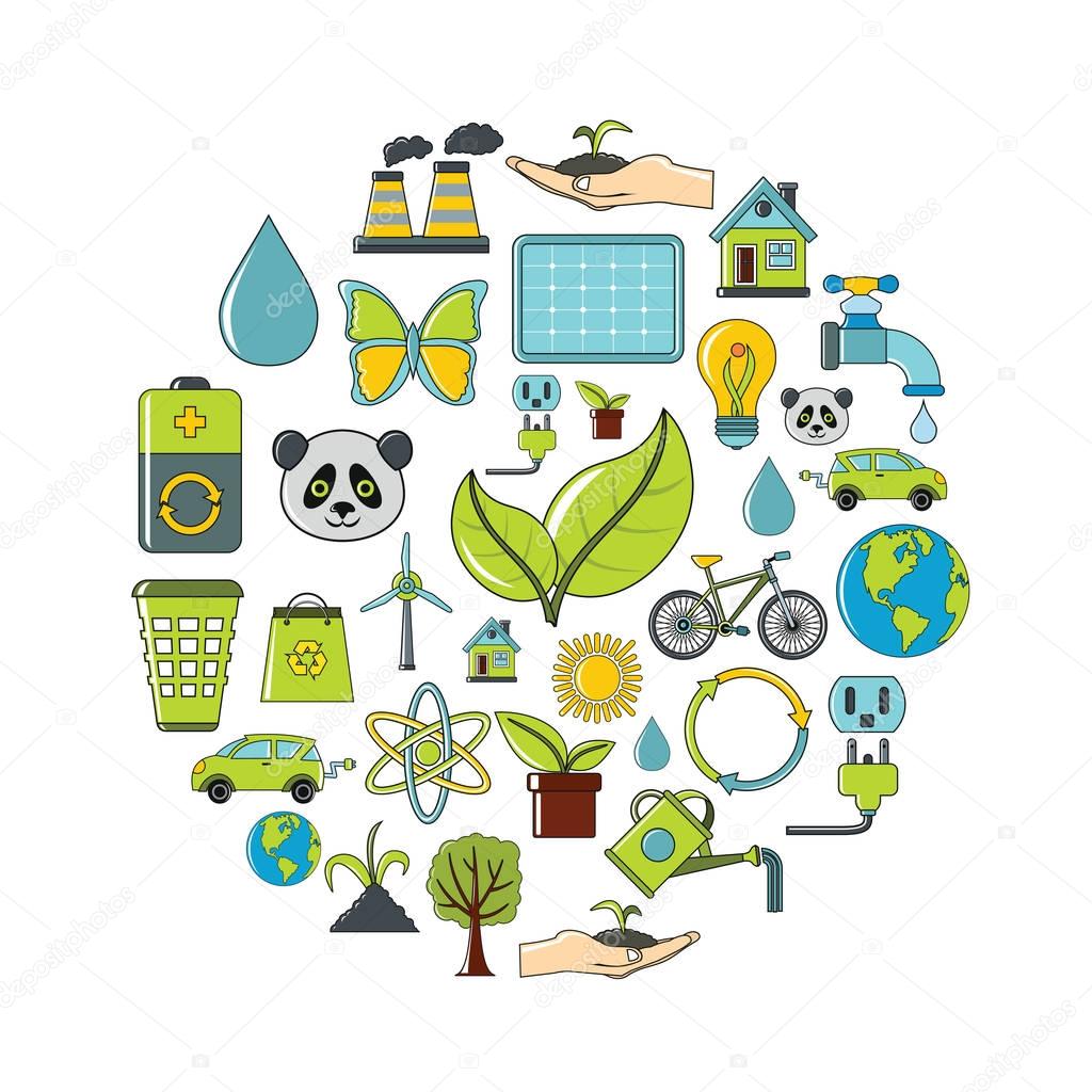 Ecology cartoon icons set. Ecology vector illustration for design and web isolated on white background. Ecology vector object for labels, logos