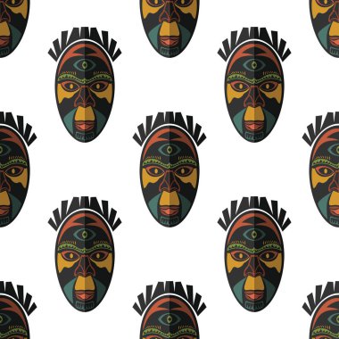 Afrika maskesi Dikişsiz desen vektör çizim arka plan. Düz simgesi.
