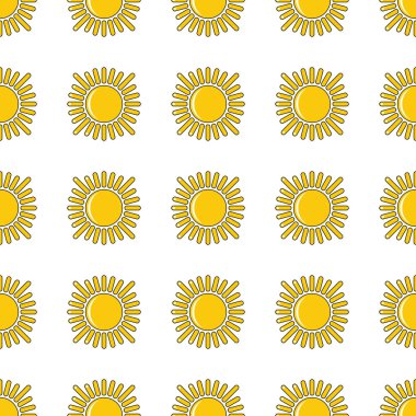 Sarı güneşin seamless modeli üzerinde beyaz arka plan vektör illüstrasyon izole karikatür tarzı