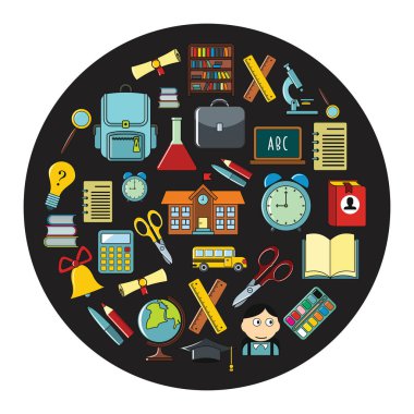 Okul karikatür simgeler vektör çizim tasarım ve web üzerinde siyah daire arka plan izole için ayarla.