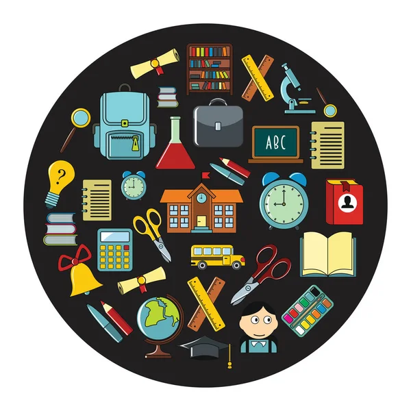 Okul karikatür simgeler vektör çizim tasarım ve web üzerinde siyah daire arka plan izole için ayarla.