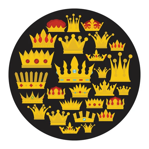 Ícones de desenhos animados coroa de ouro conjunto ilustração vetorial para design e web isolado em fundo círculo preto — Vetor de Stock