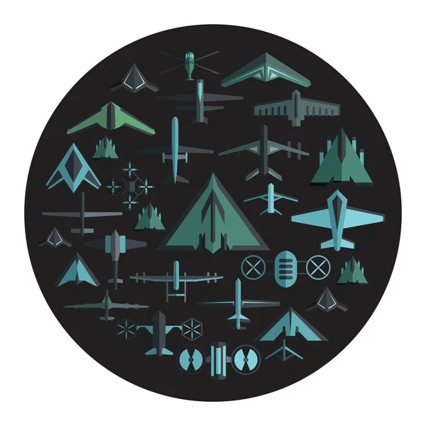 Iconos de dibujos animados de drones militares establecen ilustración vectorial para el diseño y la web aislada sobre fondo de círculo negro — Archivo Imágenes Vectoriales