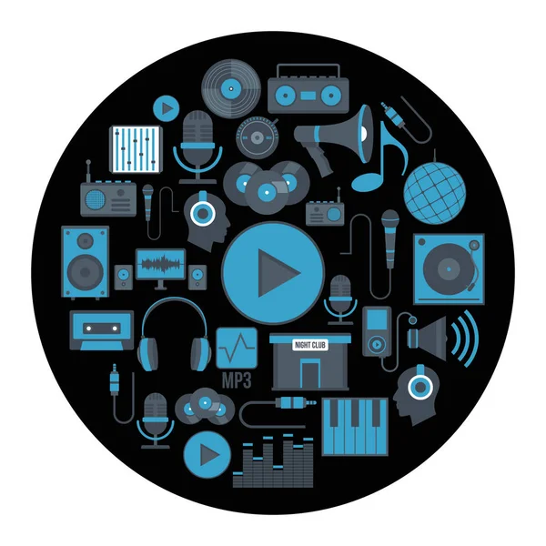 Kartun musik disko ikon menetapkan vektor ilustrasi untuk desain dan web terisolasi pada latar belakang lingkaran hitam - Stok Vektor
