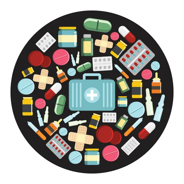 Medikamente Cartoon-Symbole setzen Vektorillustration für Design und Web isoliert auf schwarzem Kreis Hintergrund — Stockvektor