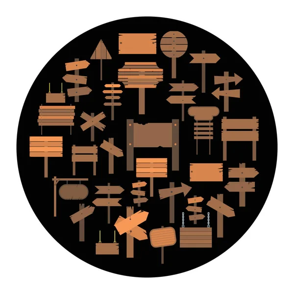 Signo de madera iconos de dibujos animados conjunto vector ilustración para el diseño y la web aislado sobre fondo círculo negro . — Vector de stock