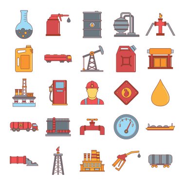 Petrol gaz sanayi karikatür simgeleri teçhizat ve tanker izole kap vektör çizim sondaj offshore platformu ile ayarlayın. Petrol gaz sanayi nesneler için endüstriyel tasarım